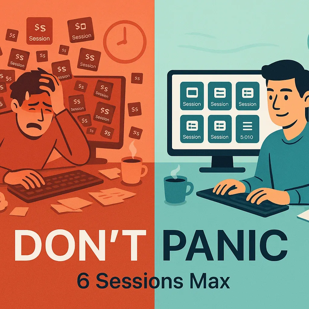 Split illustration: an overwhelmed developer buried in dozens of dollar-sign session tiles on one side, captioned “Don’t”; a calm developer looking at a tidy grid of six session tiles on the other, captioned “Panic, 6 Sessions Max”